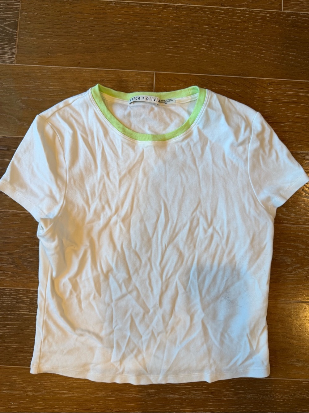 Alice + Olivia White Short Sleeve Tee with Lime Green Ringer Neckline